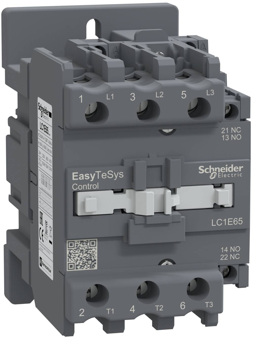 Ein Schneider Electric EasyTeSys Control-Schütz, grauer industrieller elektrischer Schalter mit beschrifteten Anschlüssen und QR-Code.