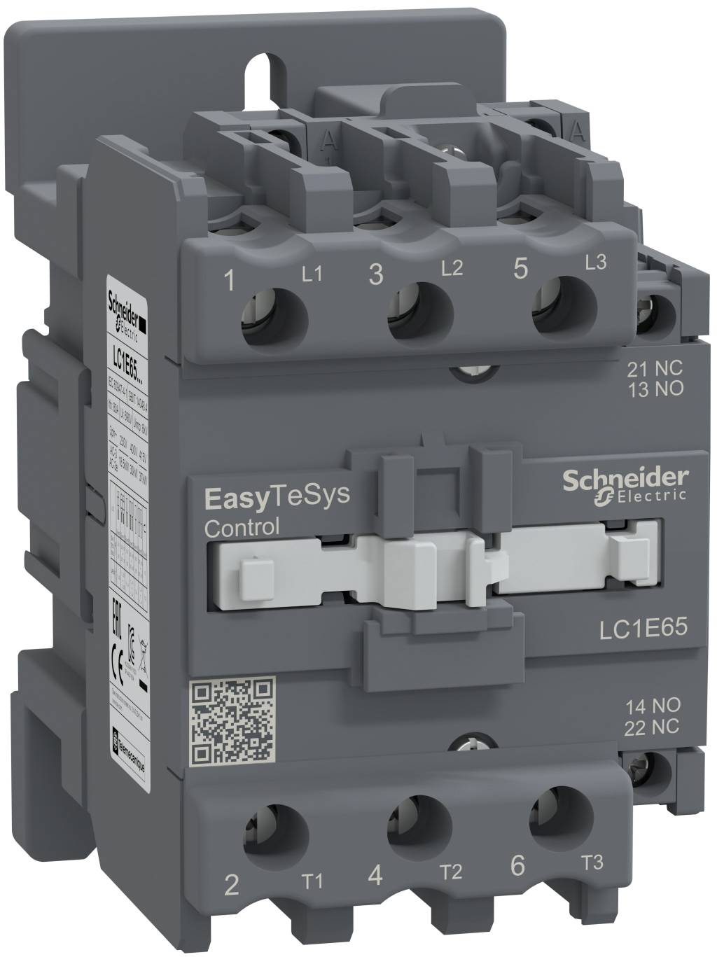 Dreipol Schneider Electric EasyTeSys Schütz mit Klemmenmarkierungen und Modell LC1E65 auf weißem Hintergrund dargestellt.