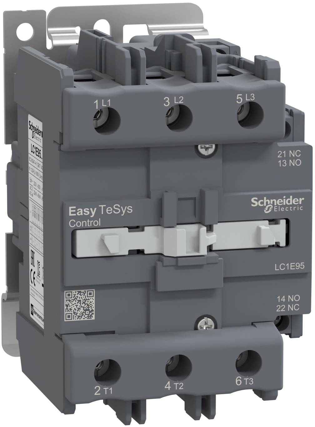 Grauer Schneider Electric Easy TeSys Schütz mit beschrifteten Klemmen und QR-Code, Vorderansicht dargestellt.