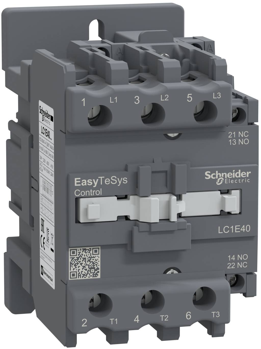Schneider Electric EasyTeSys Control Schütz, Modell LC1E40, mit gekennzeichneten Anschllussklemmen und QR-Code auf der Vorderseite.