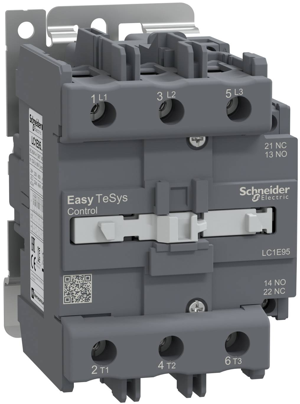 Produktfoto eines Schneider Electric Easy TeSys Steuerungsschützes, das beschriftete Anschllussklemmen und das Modell LC1E95 zeigt.