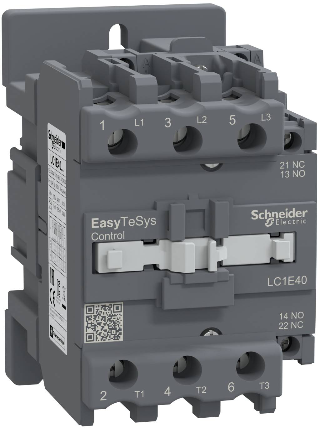 Ein Schneider Electric EasyTeSys Control LC1E40 Schütz mit nummerierten Anschlüssen und vorderseitigem Etikett, dargestellt in einer produktgestalteten Abbildung.