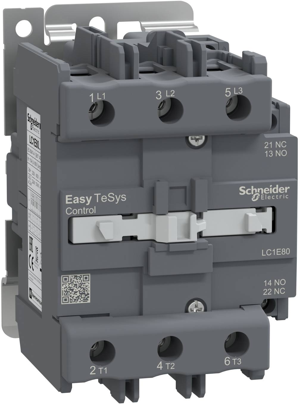Schneider Electric Easy TeSys Steuerschütz LC1E80 mit drei oberen und drei unteren Stromschienen und gekennzeichneten Hilfskontakten.