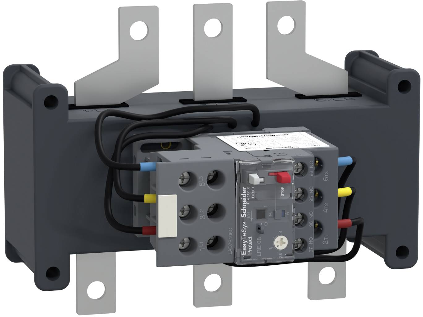 Elektrischer Schütz mit drei Metallklemmen und angebrachter Steuerverdrahtung, von vorne auf einer dunklen isolierten Montagebasis dargestellt.