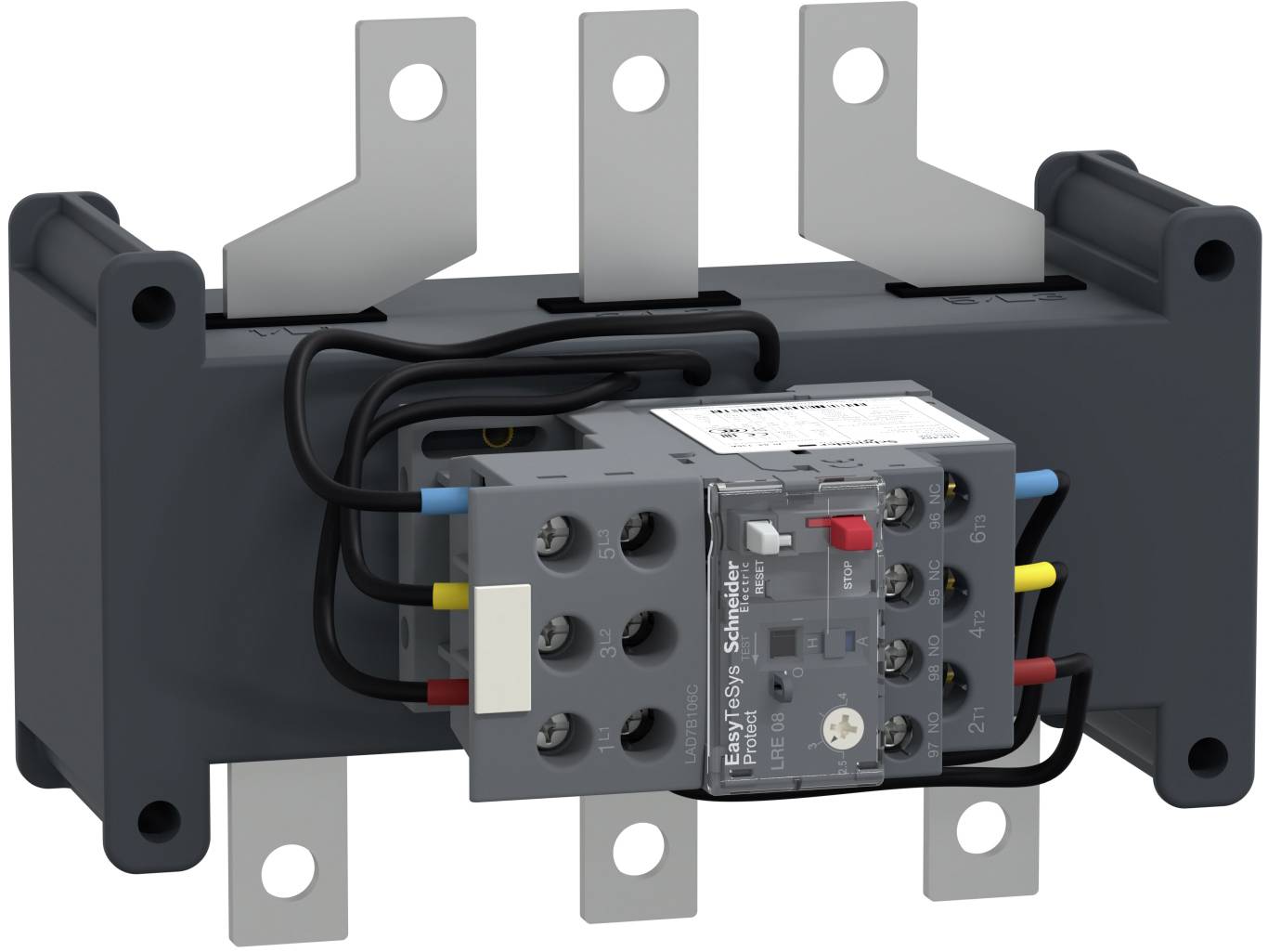 Elektrischer Schütz mit drei robusten Anschlüssen und sichtbarer Steuerverdrahtung, auf einer schwarzen Basis für industrielle Stromschaltung montiert.