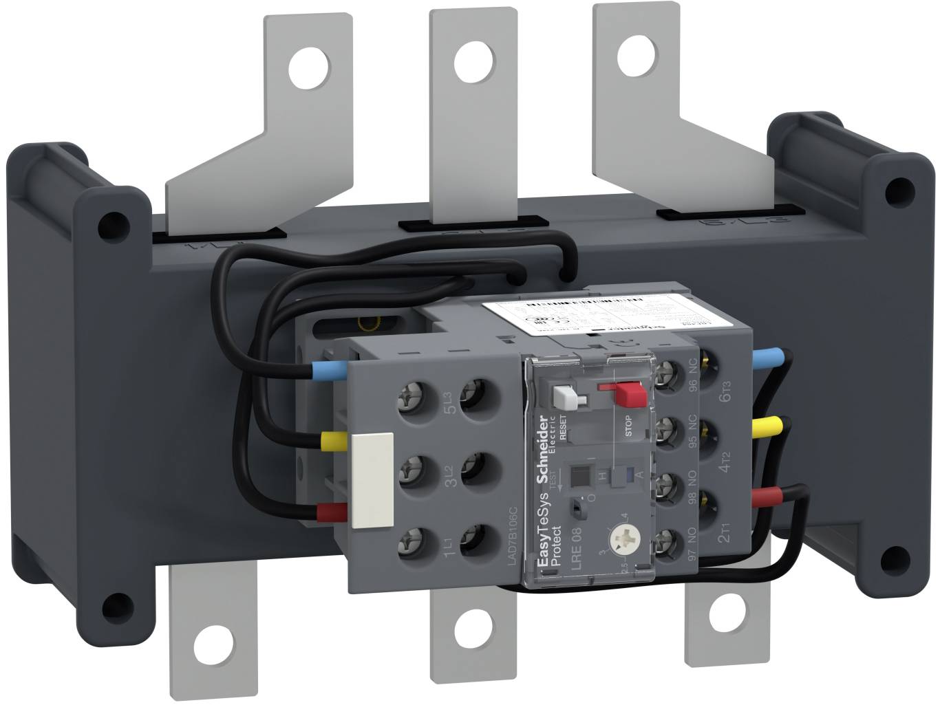 Elektrische Schützbaugruppe mit drei Metallanschlüssen und einem Schneider Electric-Überlastschutzrelais, montiert auf einer schwarzen Basis.
