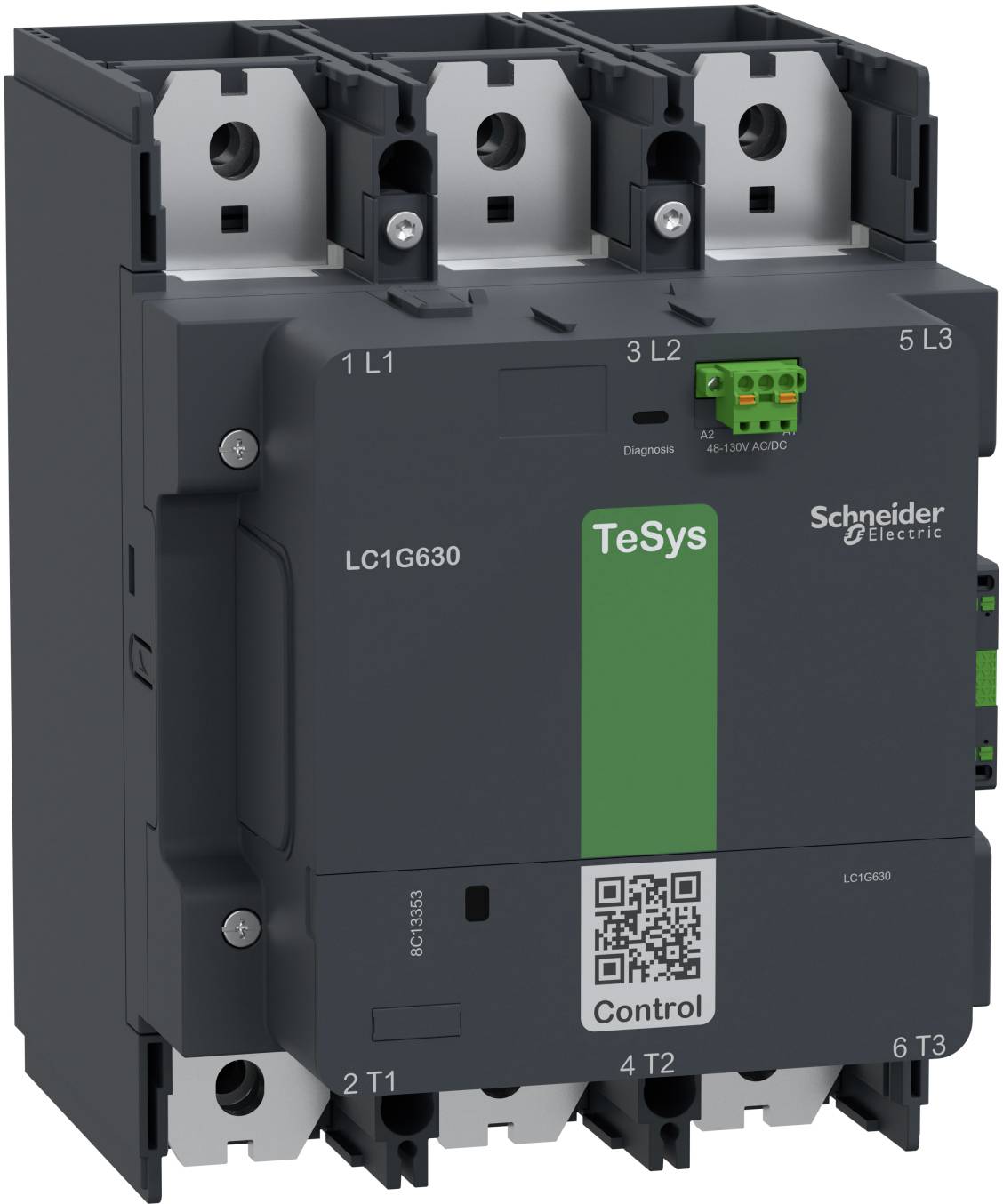 Schneider Electric TeSys LC1G630 dreipoliger Schütz mit beschrifteten Stromversorgungsklemmen und QR-Code auf der Vorderseite.