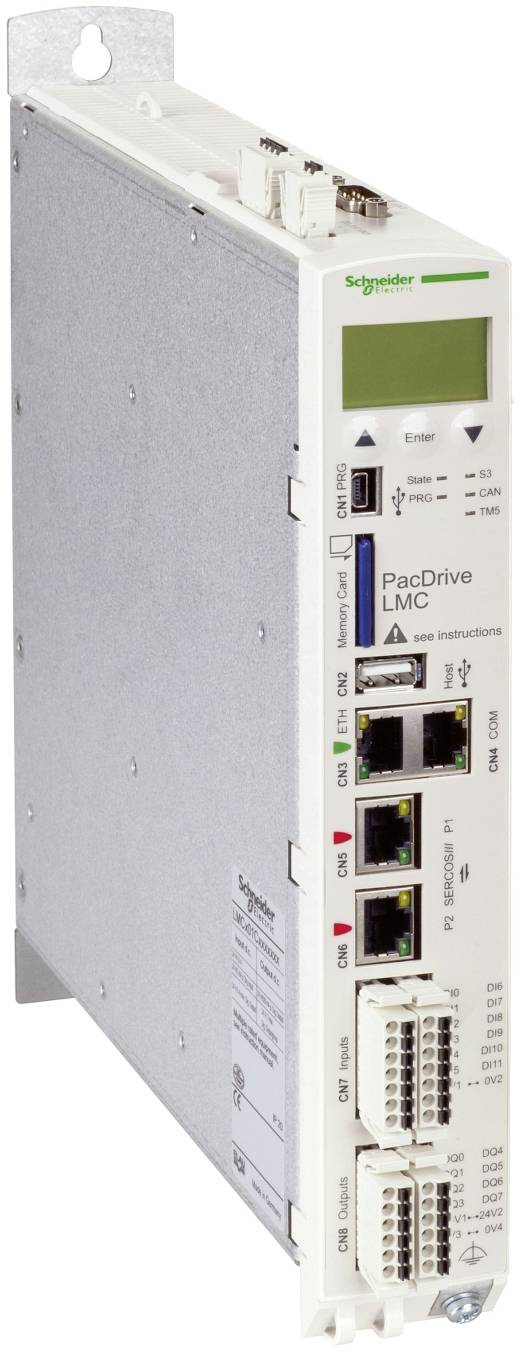 Schneider Electric PacDrive LMC-Industriecontroller-Modul mit Ethernet-Anschlüssen und Statusanzeige auf einer Metallmontageklammer.