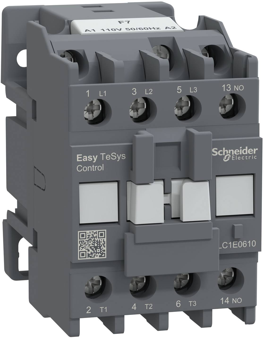 Grauer Schneider Electric Easy TeSys Schütz mit beschrifteten Anschlüssen und manuellem Schalter, dargestellt in einem produktstypischen Foto.