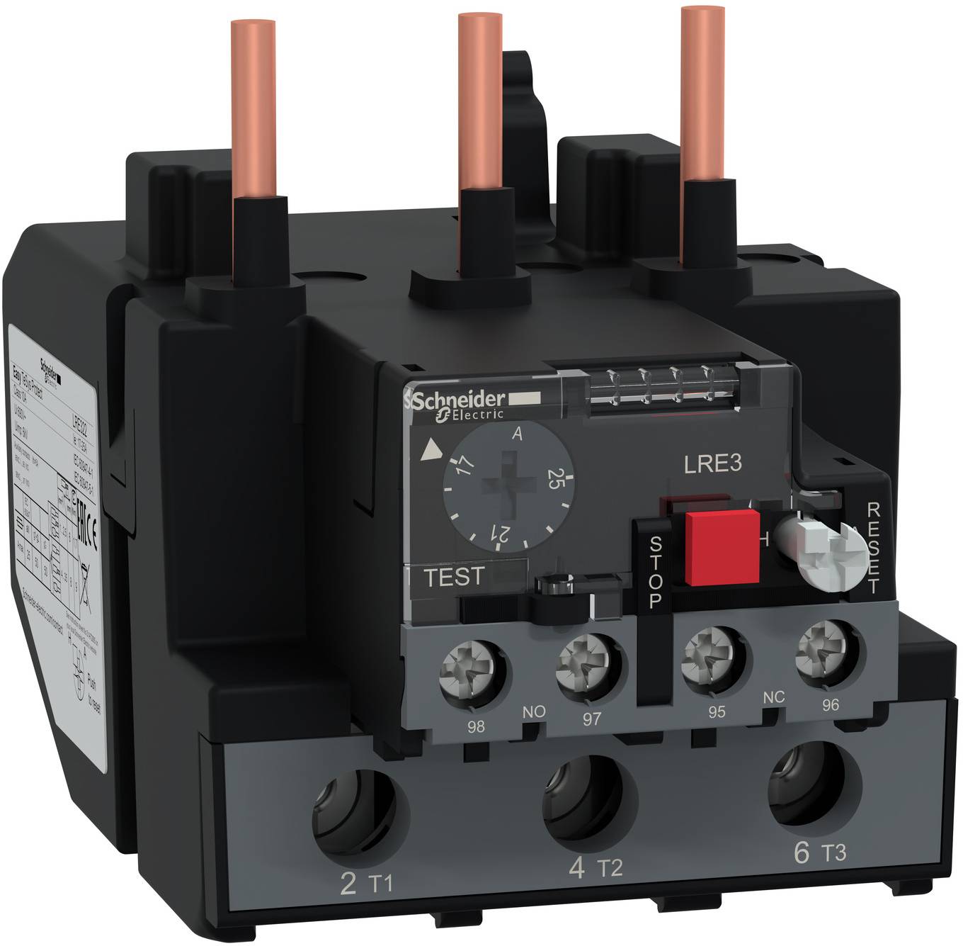 Schneider Electric LRE3 Motorüberlastschutzrelais mit drei Kupferklemmen, Test- und Stoppknöpfen, Rücksetzknopf und nummerierten Anschlüssen.