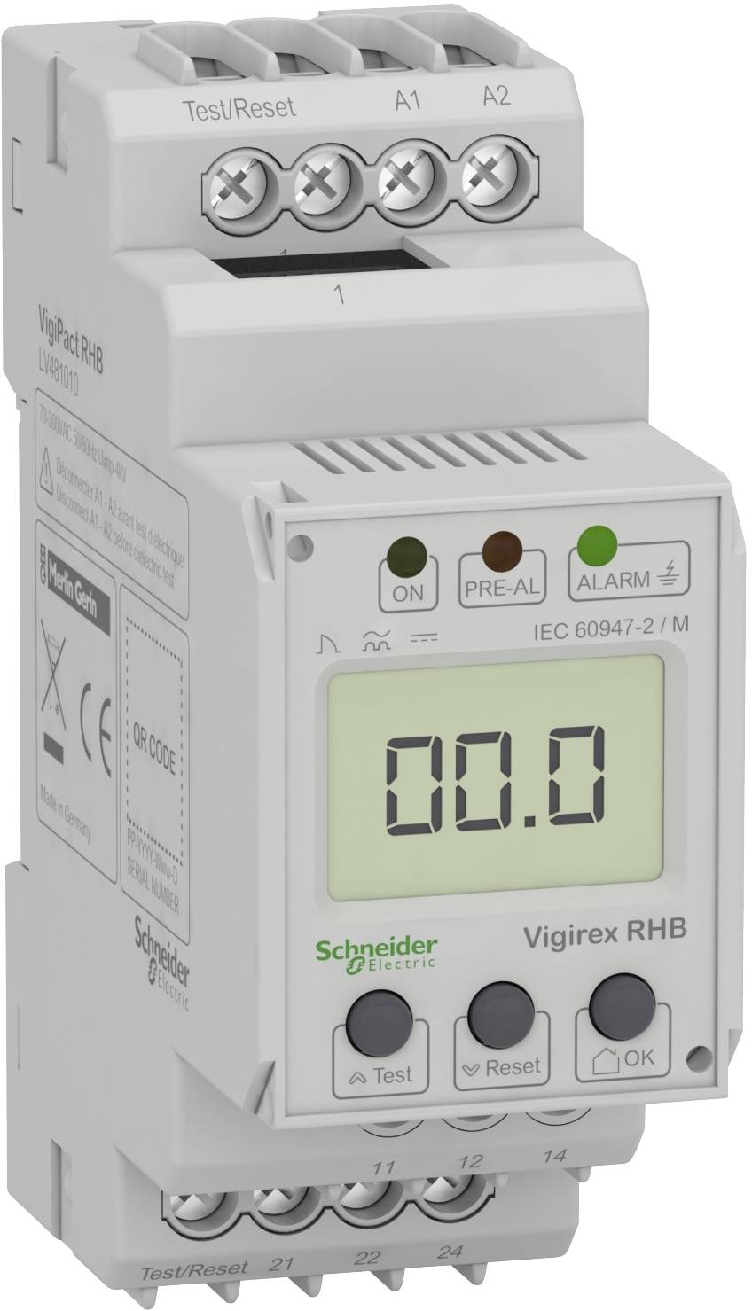 Schneider Electric Vigirex RHB digitales Relaismodul mit LCD-Anzeige 00.0, Statusleuchten und Test-/Reset-/OK-Tasten zur Überwachung des elektrischen Schutzes.