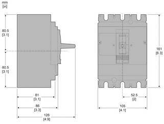 Technische Zeichnung mit Maßstab eines rechteckigen mechanischen Teils, das Seiten- und Vorderansicht mit Abmessungen in mm und Zoll zeigt, einschließlich 161, 105, 126, 86, 81 und 52,5.