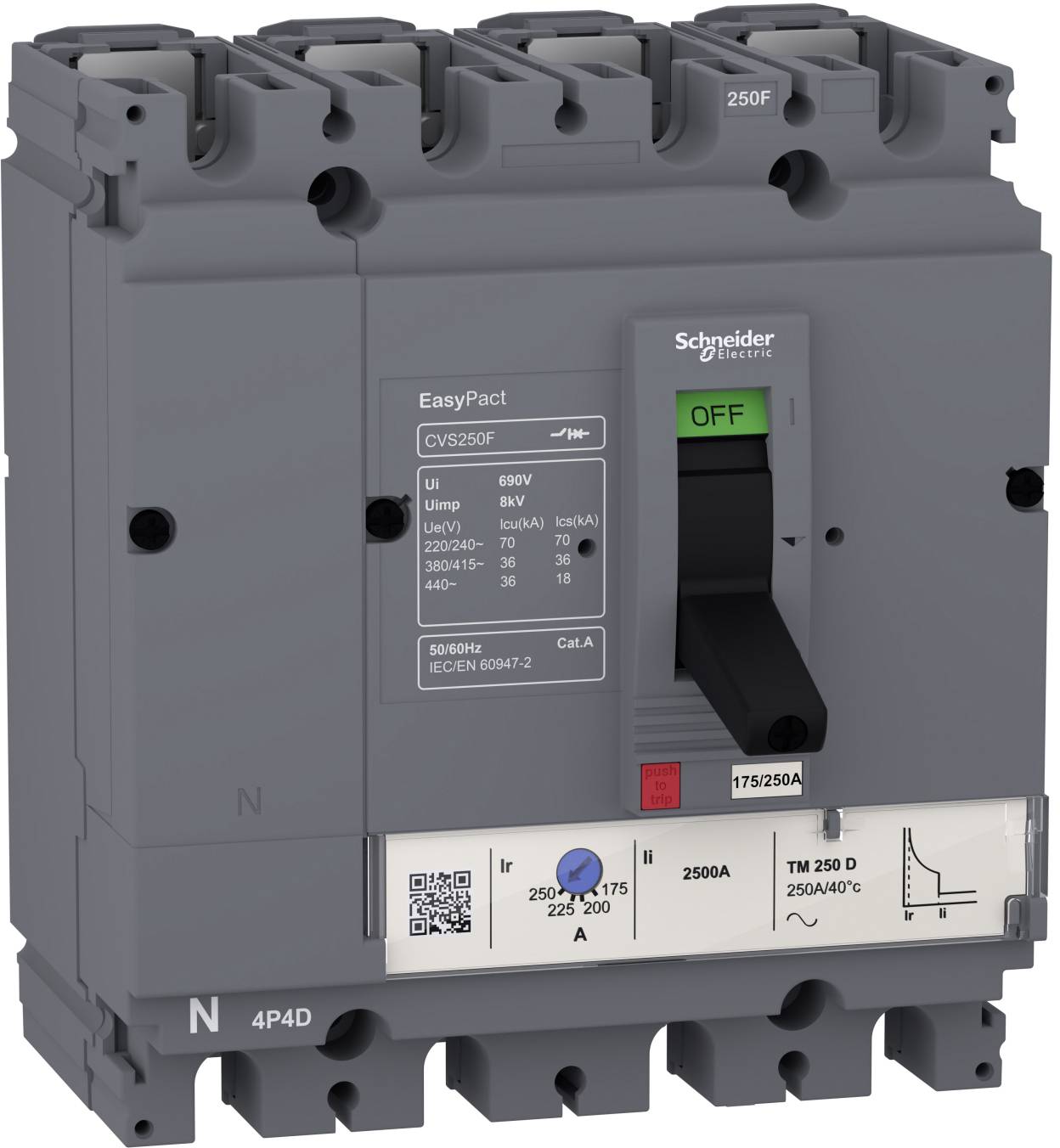 Grauer Schneider Electric EasyPact Leistungsschalter mit AUS-Schalter und einstellbaren Stromeinstellungen, gekennzeichnet mit 250A/2500A, Vorderansicht gezeigt.
