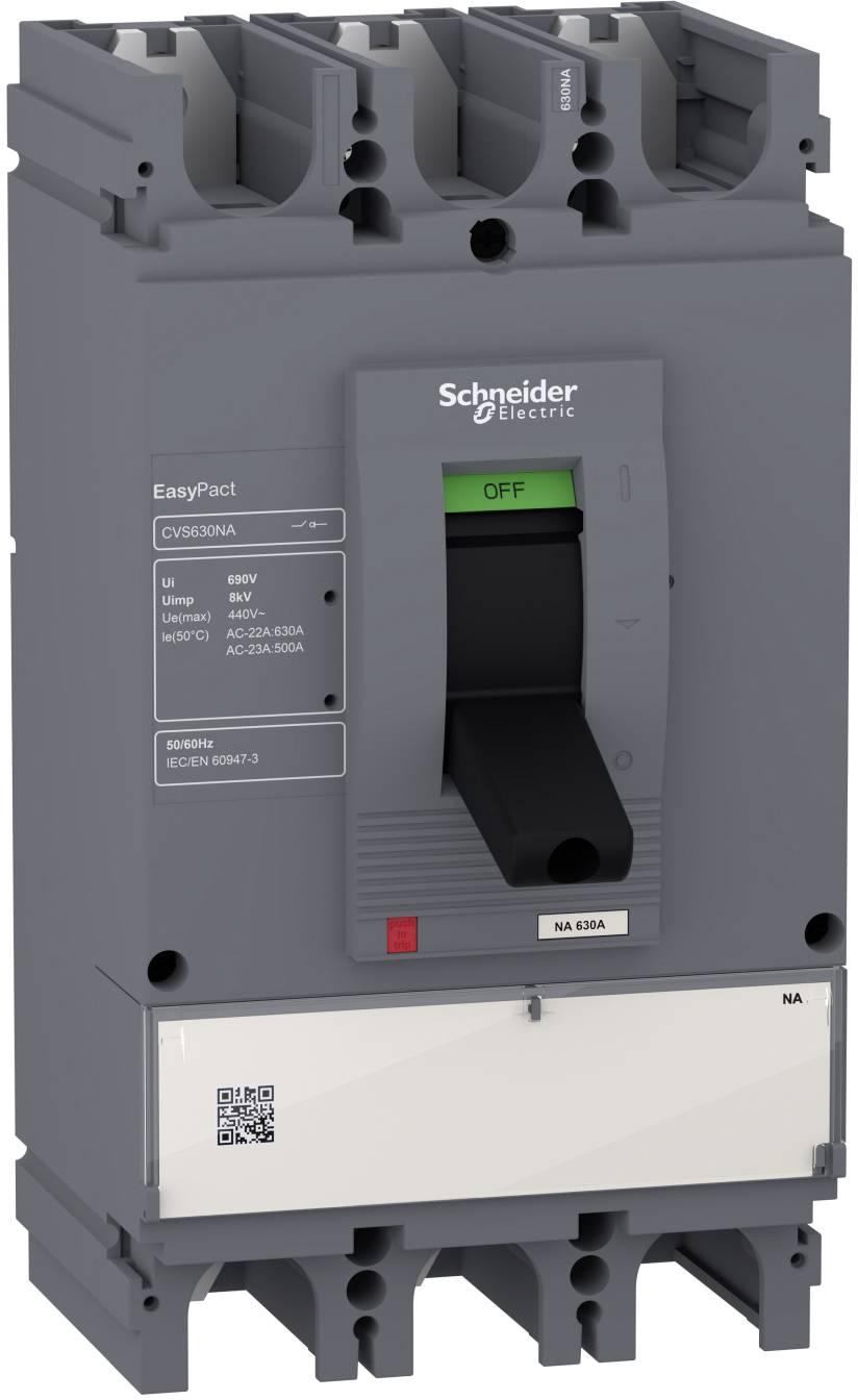 Grauer Schneider Electric EasyPact-Leistungsschalter mit schwarzem Kippschalter in der AUS-Position.