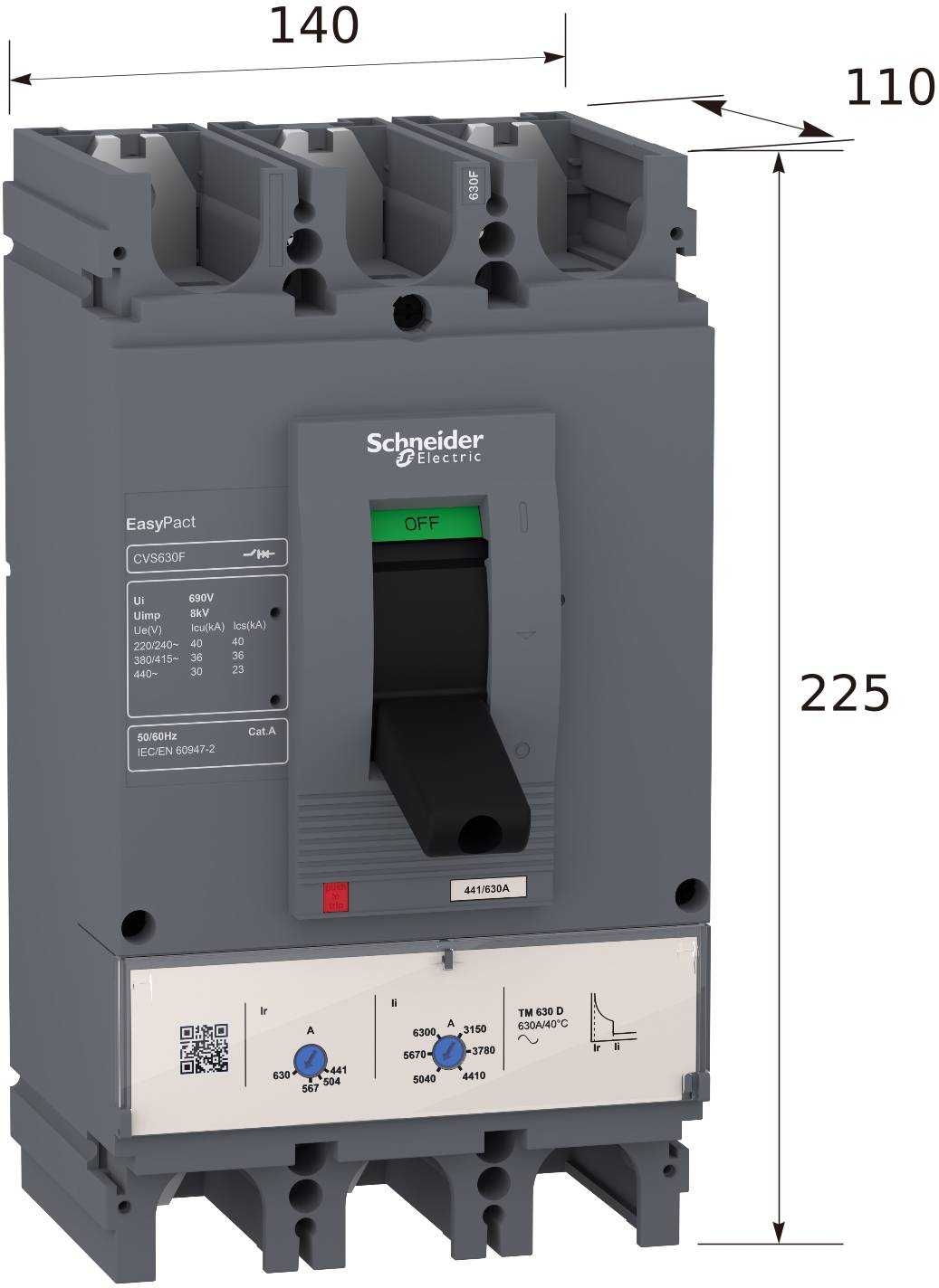 Bild eines Schneider Electric EasyPact-Leistungsschalters mit Abmessungspfeilen, die eine Breite von 140 mm, eine Tiefe von 110 mm und eine Höhe von 225 mm anzeigen.