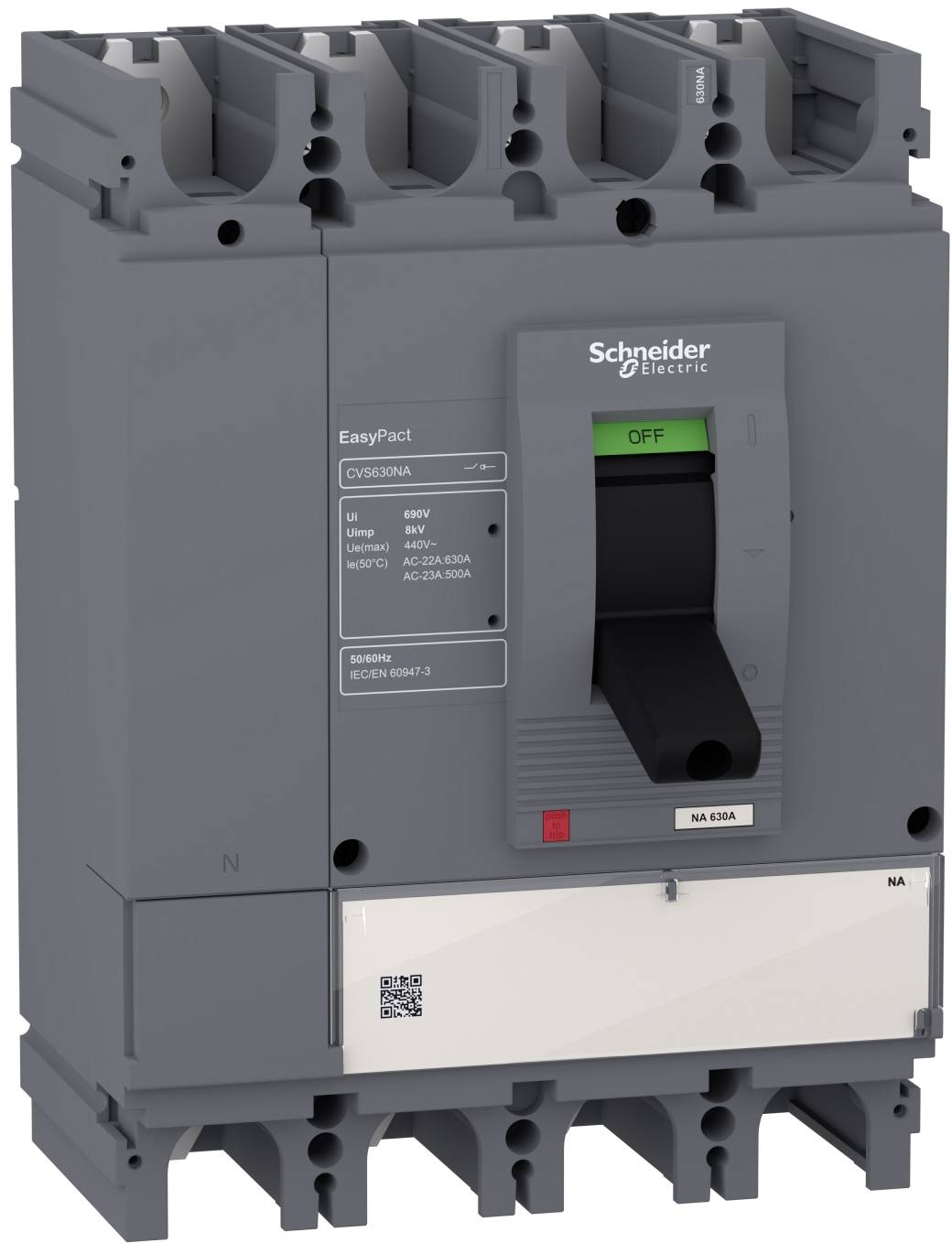 Grauer Schneider Electric EasyPact-Leistungsschalter mit schwarzem Kippschalter, auf dem 