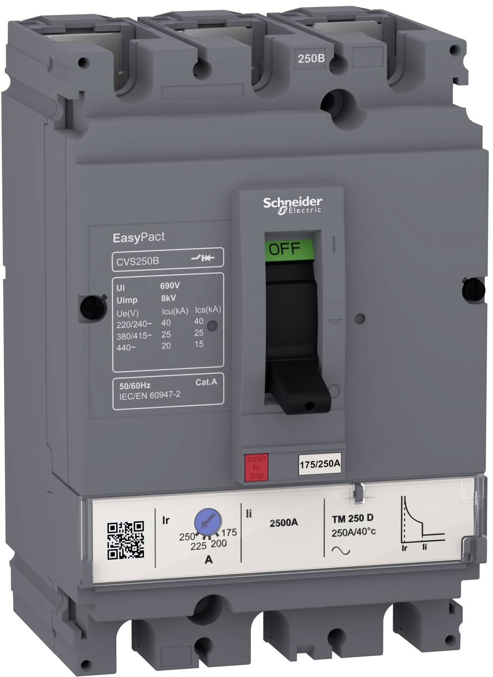 Grauer Schneider Electric EasyPact Leistungsschalter mit AN/AUS-Schalter, beschriftet mit TM 250 D 250A/40°C und 175/250A Einstellung, mit QR-Code und Spezifikationen.