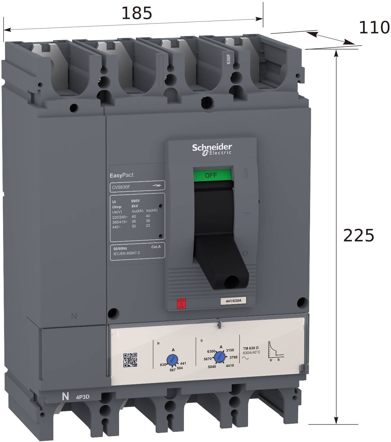 Schneider Electric EasyPact Leitungsschutzschalter mit den Abmessungen 185 x 110 x 225 mm und EIN/AUS-Schalter.