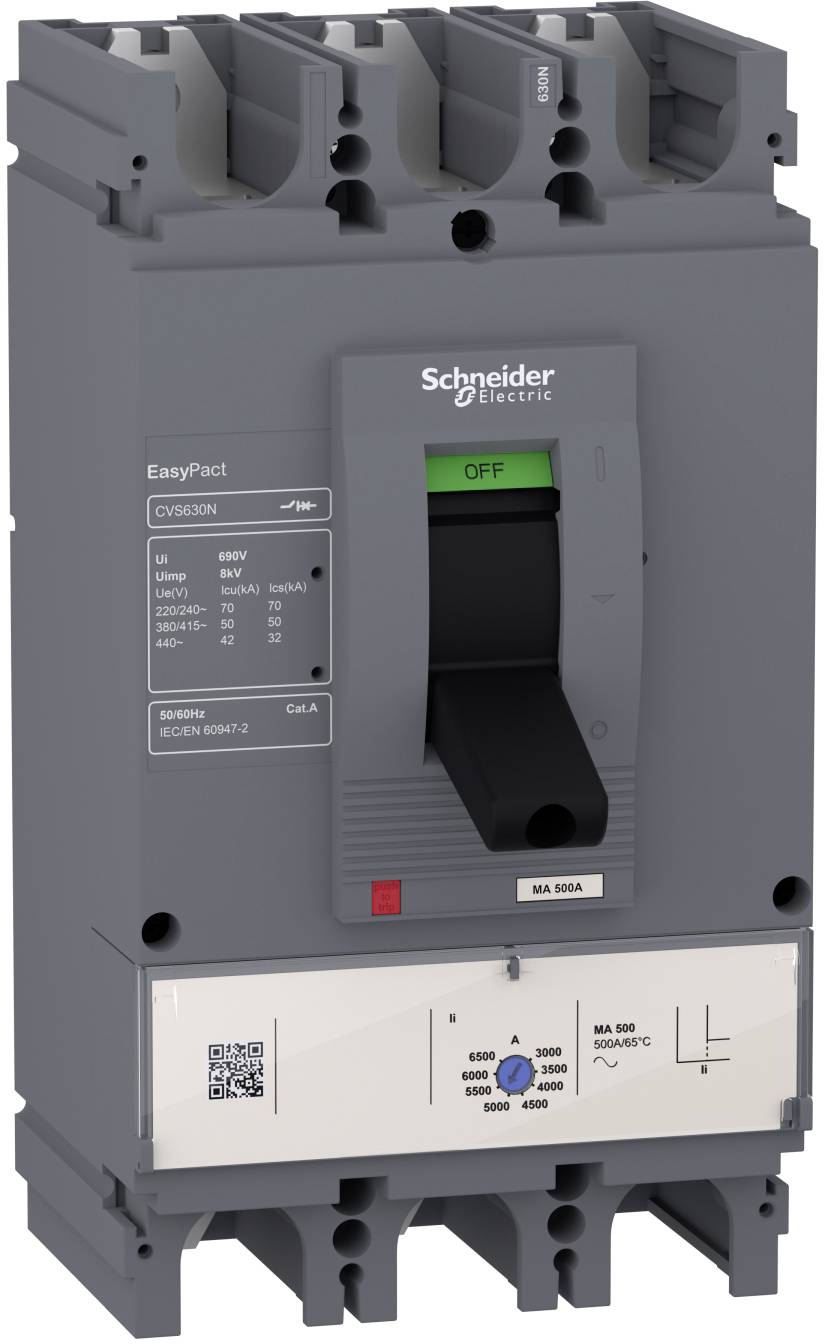 Vorderansicht eines Schneider Electric EasyPact-Leistungsschalters mit dem Griff in der AUS-Position und technischen Etiketten auf der Vorderseite.