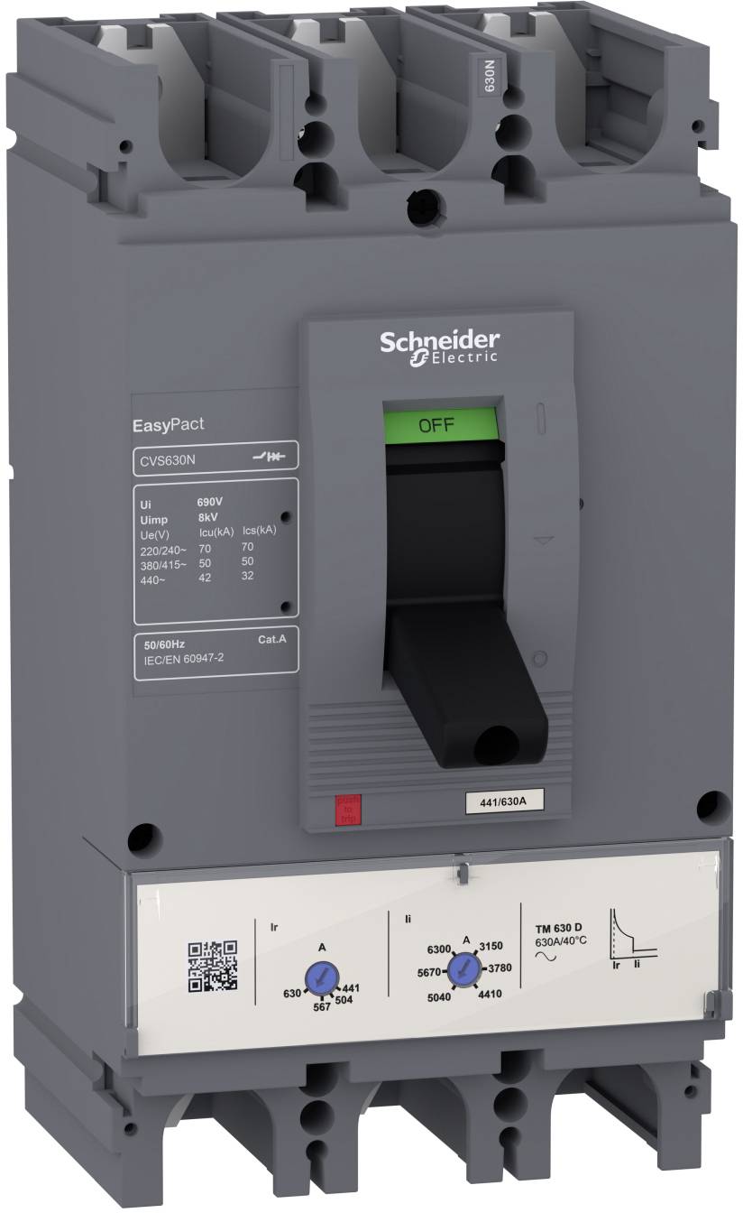 Schneider Electric EasyPact Leistungsschalter aus Kunststoff mit EIN-/AUS-Schalter und Auslöseeinstellungen auf der Frontplatte.