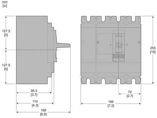 Technische Zeichnung eines rechteckigen mechanischen Teils, gezeigt in Seitenansicht und Vorderansicht mit Abmessungen in mm und Zoll, einschließlich einer Höhe von 255 mm und einer Breite von 185 mm.