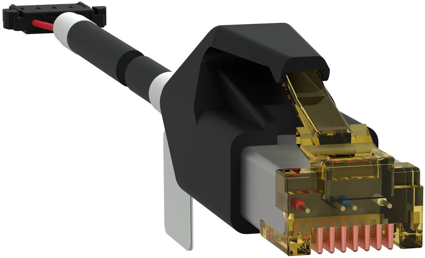 3D-Darstellung einer Kabelanordnung mit einem schwarz-weißen Stecker und einem transparenten bernsteinfarben Stecker, der interne Kontakte und Verkabelung zeigt.
