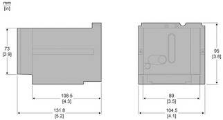 Technische Maßzeichnung eines rechteckigen mechanischen Bauteils, dargestellt von vorne und von der Seite, mit Abmessungen in mm und Zoll einschließlich 131,8 x 73 x 95 und Breiten 108,5, 89, 104,5.