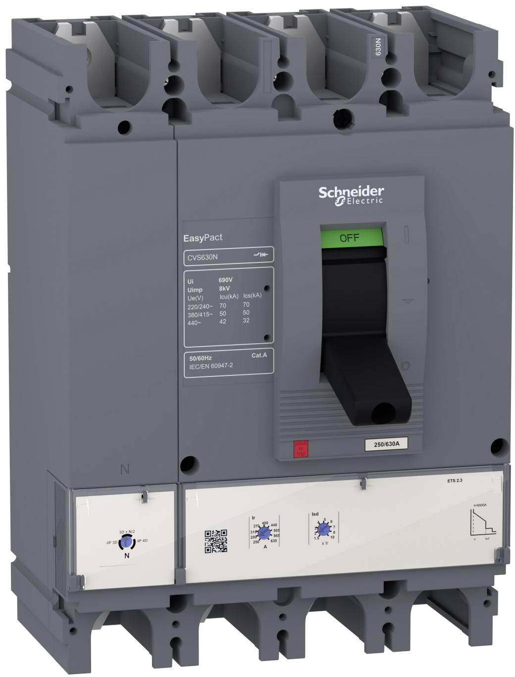 Grauer Schneider Electric EasyPact Leistungsschalter mit schwarzem Kippschalter gekennzeichnet mit „OFF