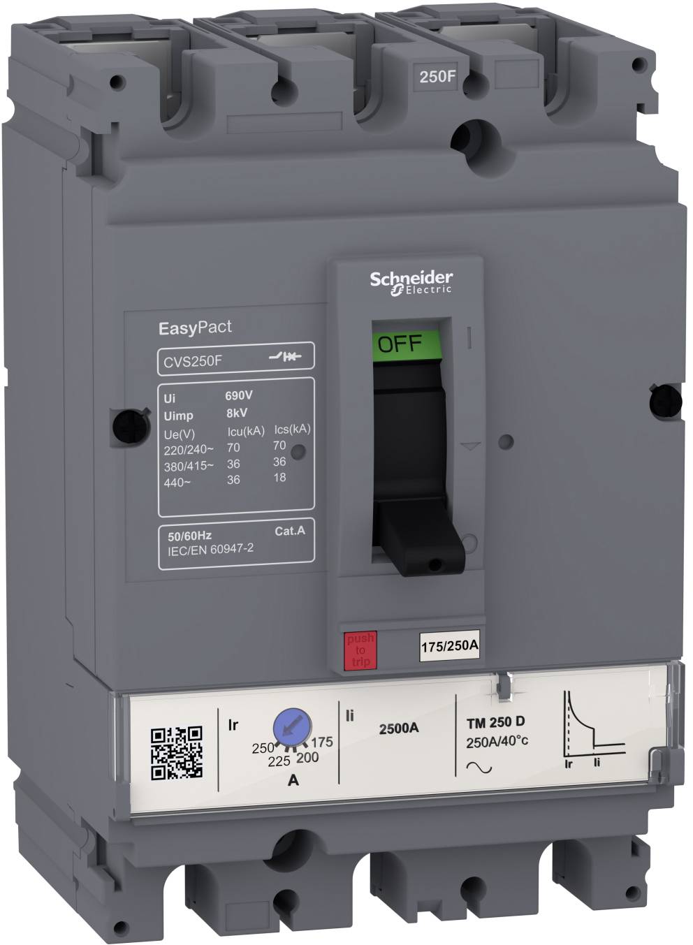 Schneider Electric EasyPact Leistungsschalter, Modell CVS250F, mit ON/OFF-Schalter und 250A/2500A-Einstellungsetikett.