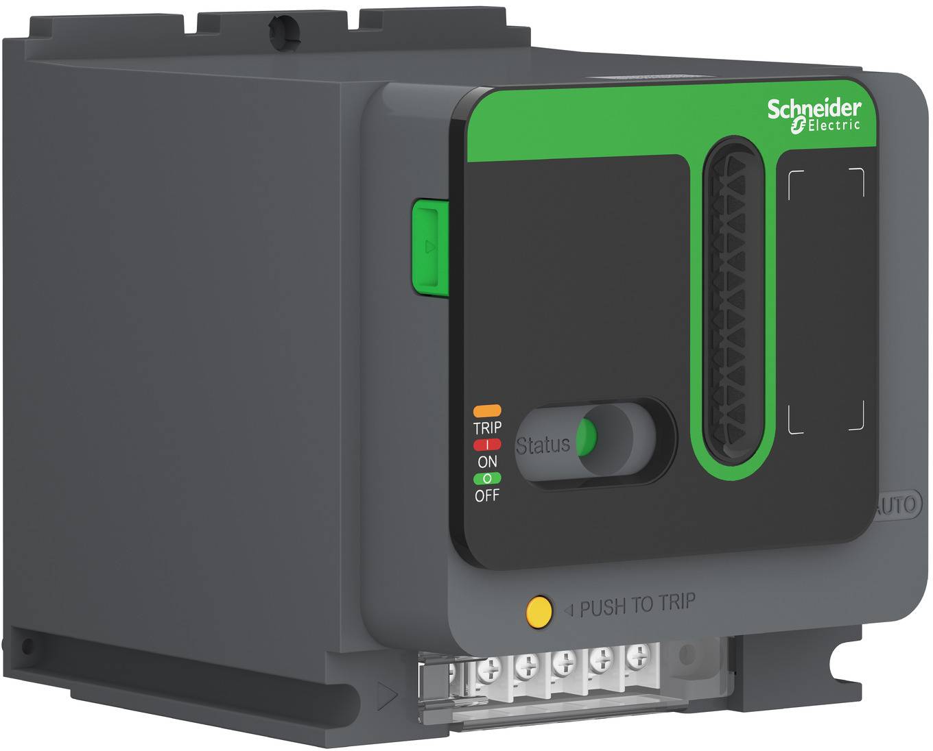 Schneider Electric Leitungsschutzschalter mit Statusanzeige, Auslöseschalter und Klemmenverbindungen auf einem grau und grünen Gehäuse.