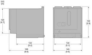 Technische Maßzeichnung eines rechteckigen Geräts von zwei Ansichten mit Maßangaben in mm und Zoll: 168 x 120 x 133 und 140 x 150 x 130.
