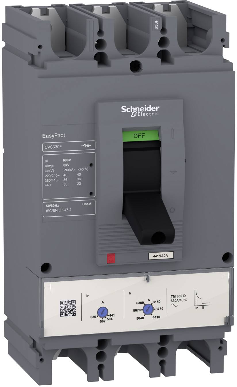 Grauer Schneider Electric EasyPact Leistungsschalter mit schwarzem Kippschalter in der Position AUS und technischen Bewertungsetiketten auf der Vorderseite.