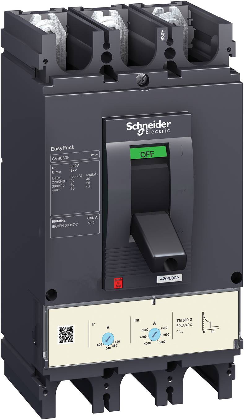 Schneider Electric EasyPact Leistungsschalter mit AUS-Schalter, drei oberen Anschlüssen und einer vorderen Einstellungsplatte mit QR-Code und Einstellreglern.