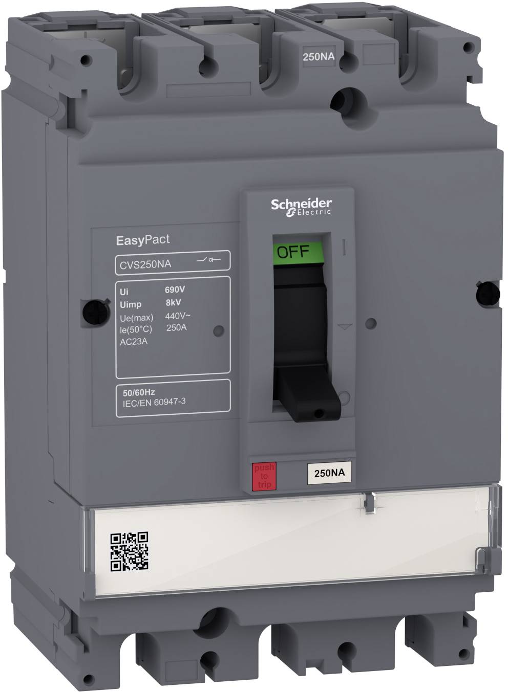 Grauer Schneider Electric EasyPact-Leistungsschalter mit schwarzem EIN/AUS-Schalter, beschriftet mit 250A, Vorderansicht auf weißem Hintergrund.