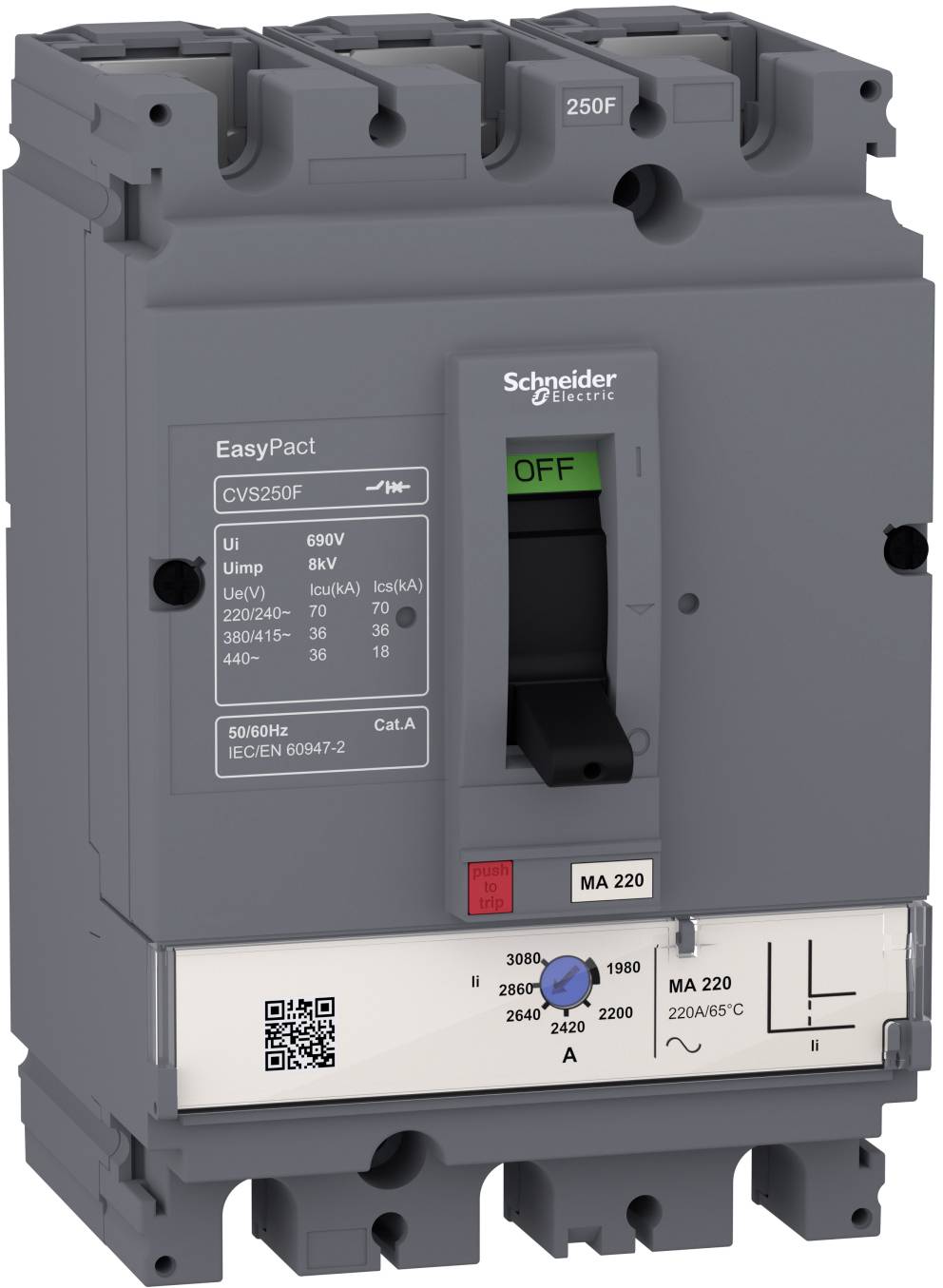 Grauer Schneider Electric EasyPact Leitungsschutzschalter mit AUS-Schalter, Typenschild, QR-Code und Stromeinstellrad.