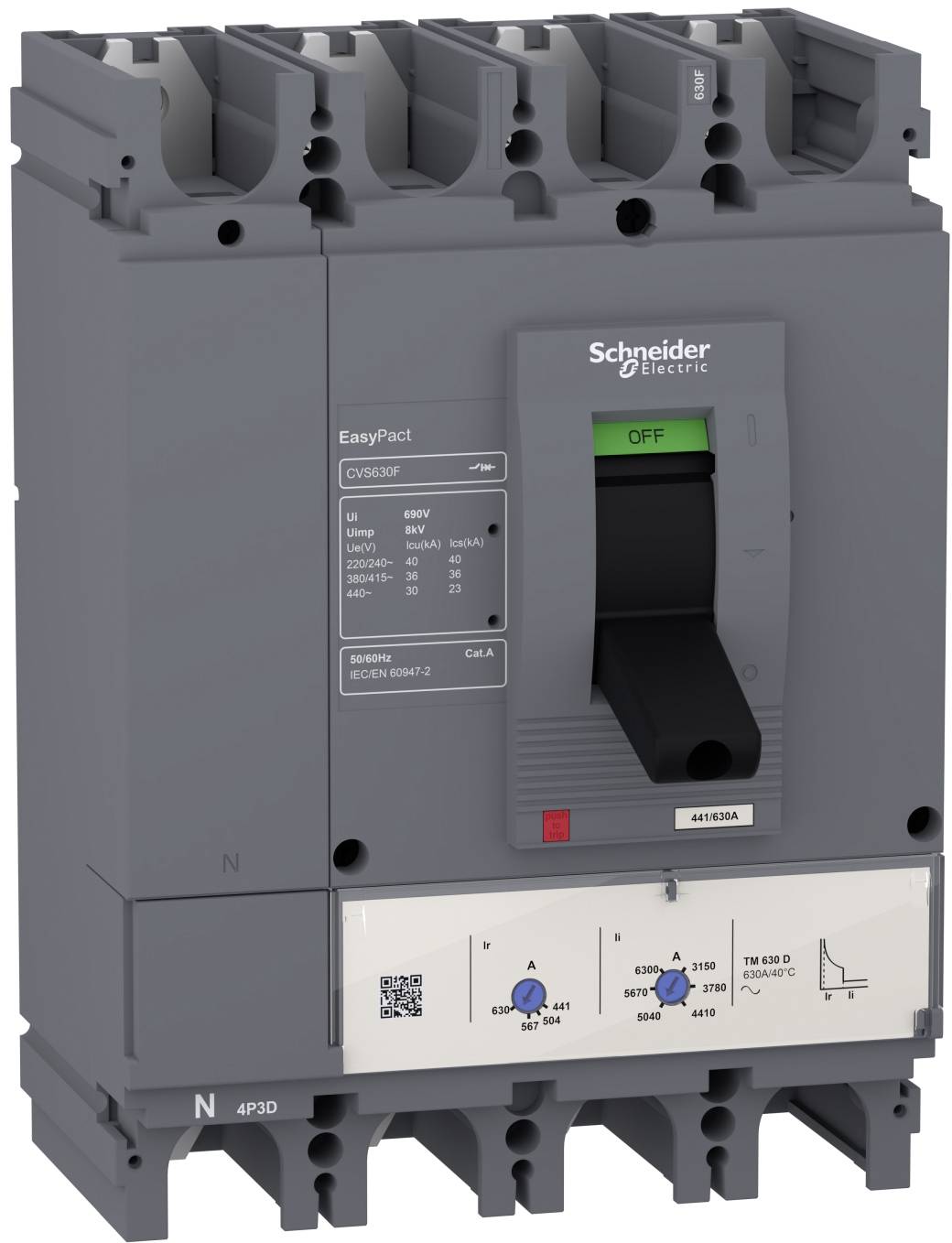 Schneider Electric EasyPact Leistungsschalter aus Kunststoff mit drei Polen und EIN/AUS-Schalter, mit sichtbarem Etikett für elektrische Nennwerte und Einstelldrehknopf.