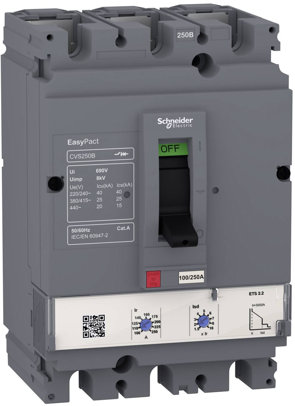 Schneider Electric EasyPact Leistungsschalter mit schwarzem EIN/AUS-Schalter, mit der Bezeichnung 250B und einstellbaren Auslöseeinstellungen auf der Frontplatte.
