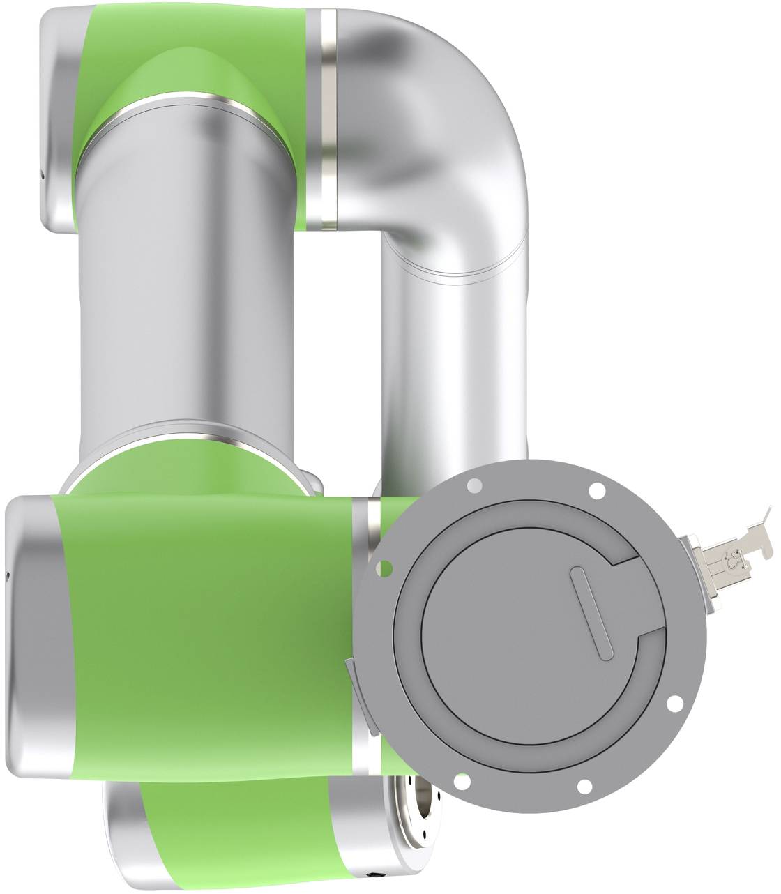 3D-Illustration einer metallischen Rohrbaugruppe mit grünen Abschnitten und einer grauen kreisförmigen Ventil- oder Zugangskappe auf der rechten Seite.