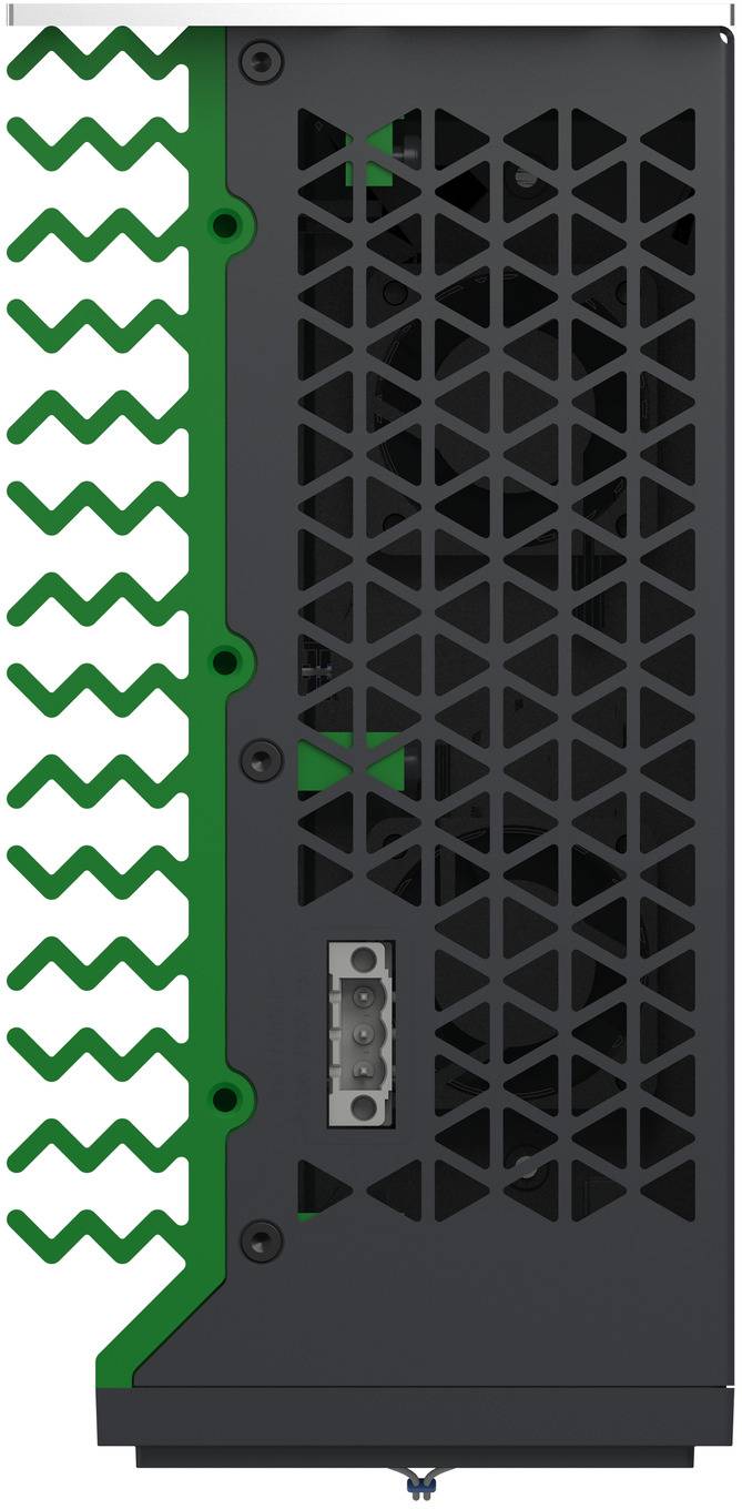 Frontansicht eines schwarzen elektronischen Geräts mit einem grünen linken Seitenpanel und strukturiertem Belüftungsgitter, vertikal vor weißem Hintergrund dargestellt.