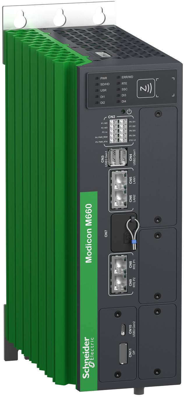 Schneider Electric Modicon M660 Industrie-Controller in einem grün-schwarzen Rack-Mount-Modul dargestellt.