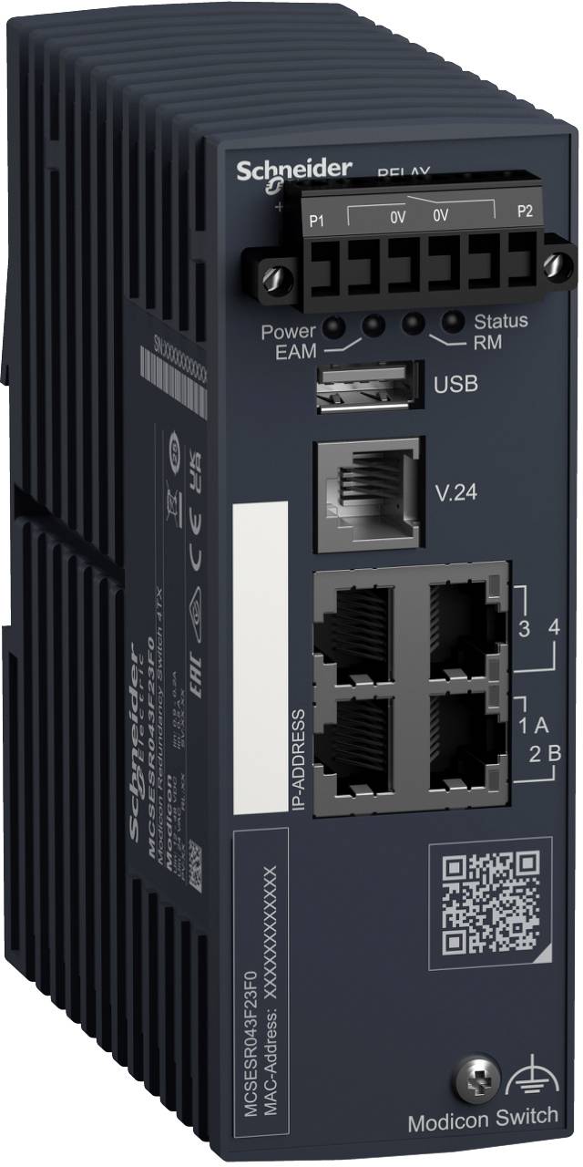 Schneider Modicon Switch Industrie-Ethernet-Gerät mit vier RJ45-Anschlüssen, USB- und Seriellsteckern, Status-LEDs und QR-Code auf der Frontplatte.