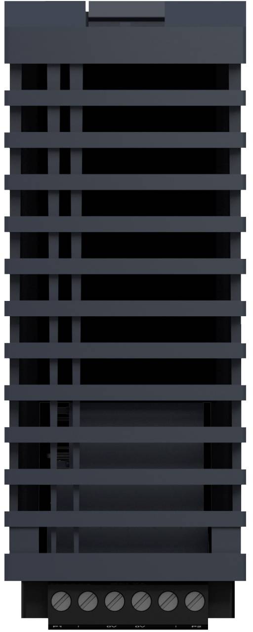 Ein dunkelgrauer Serverschrank oder belüfteter Gerätekasten mit horizontalen Lamellen und einer Reihe von sechs kreisförmigen Befestigungselementen am unteren Ende.