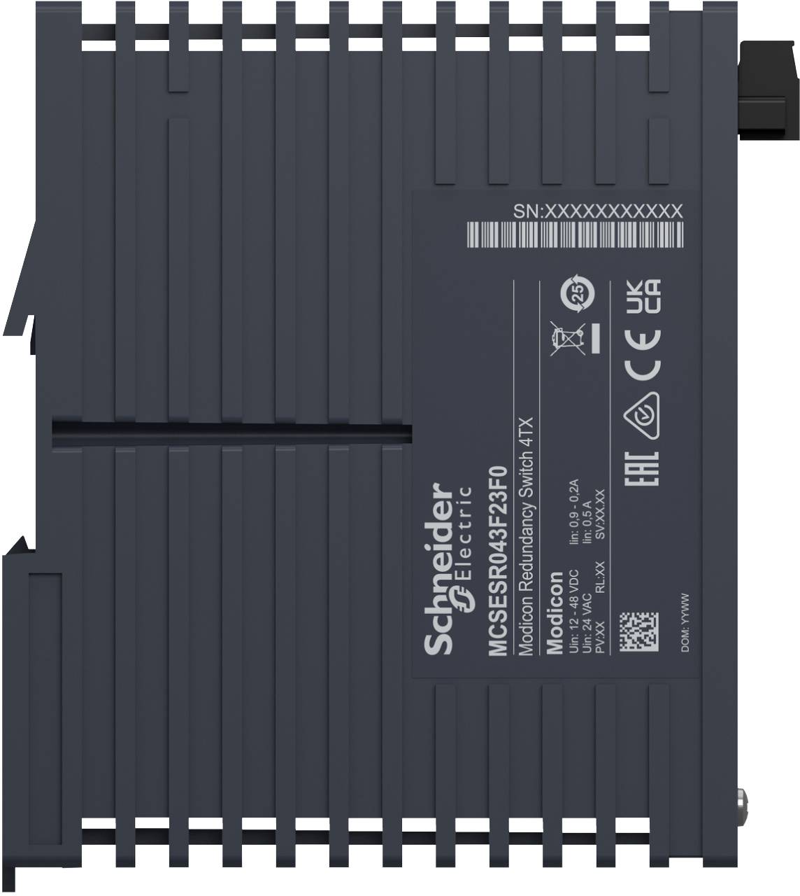 Schneider Electric Modicon M262 Industrieregler-Modul mit gekennzeichneten Anschlüssen, Barcode und Konformitätskennzeichnungen.