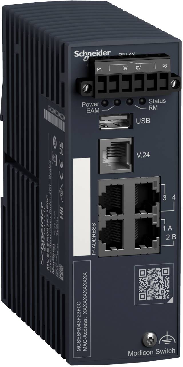 Schneider Electric Modicon Switch – Industrie-Ethernet-Switch mit mehreren Anschlüssen, USB, serieller V.24-Schnittstelle, Status-LEDs und QR-Code auf der Frontplatte.