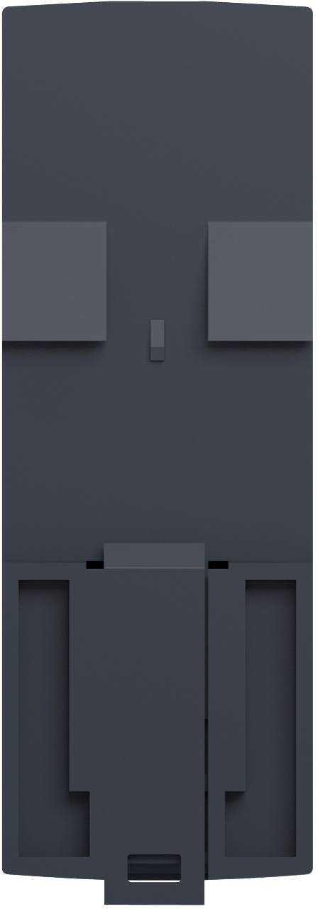 Frontansicht eines dunkelgrauen roboterartigen Gesichts oder Gerätepanels mit zwei quadratischen Seitenpanelen, einem kleinen zentralen Rechteck und einer unteren Klappenöffnung.
