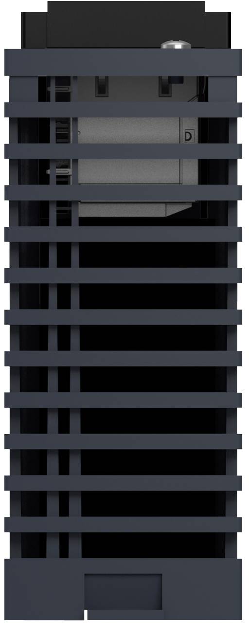 Hohles dunkelgraues belüftetes Gehäuse oder Turm mit horizontalen Lamellen und einem kleinen Frontpanel in der Nähe des unteren Bereichs.