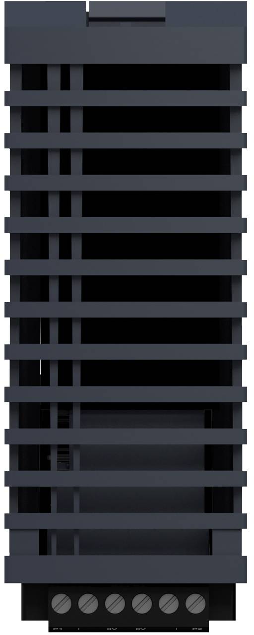 Hohes dunkelgraues Lamellenrollo oder Fensterladen an einem schmalen vertikalen Fensterfeld.