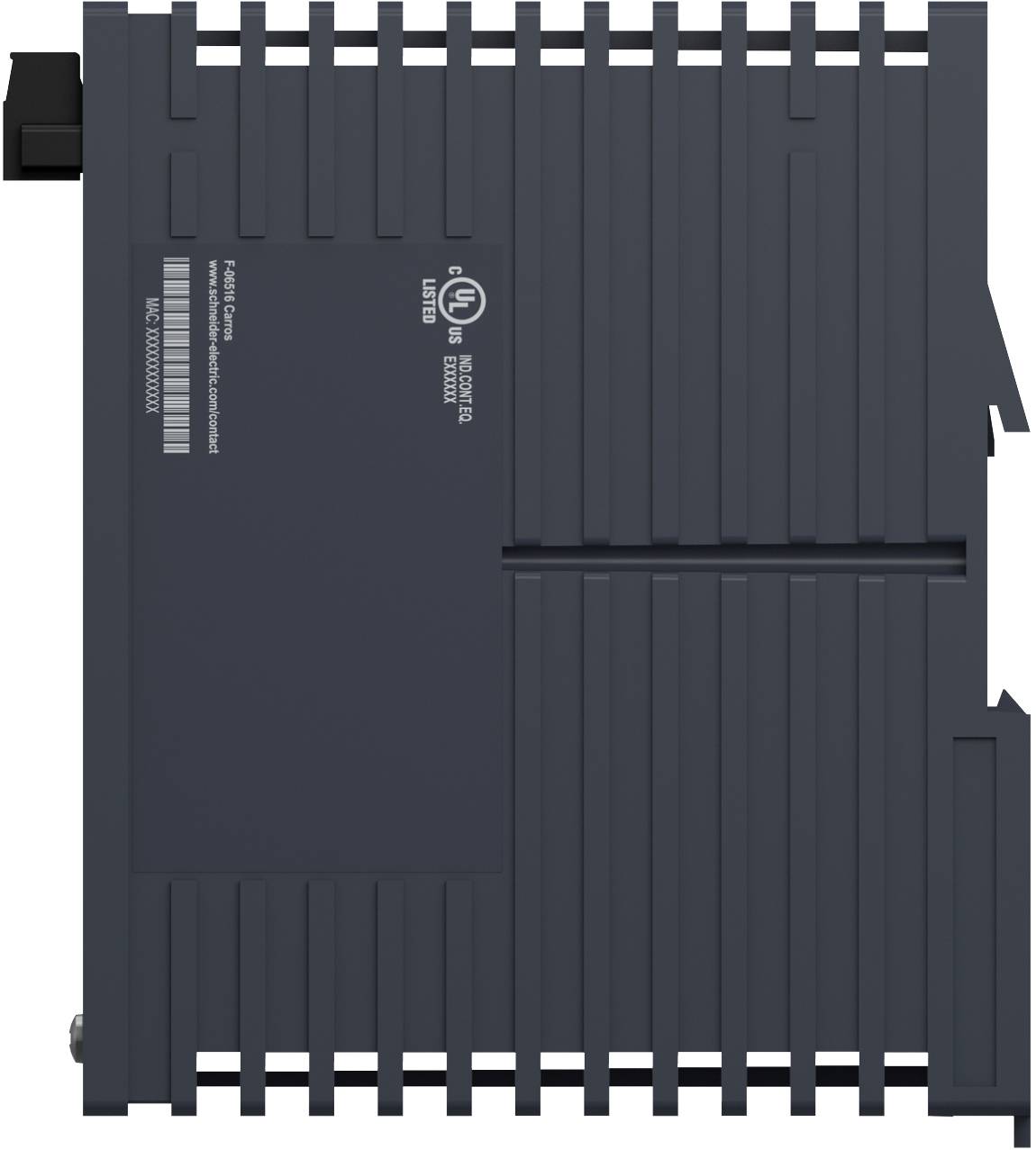 Schwarzes Industrieelektronik-Steuermodul mit Rippen, gekennzeichnet mit UL-Zertifizierung, auf weißem Hintergrund gezeigt.