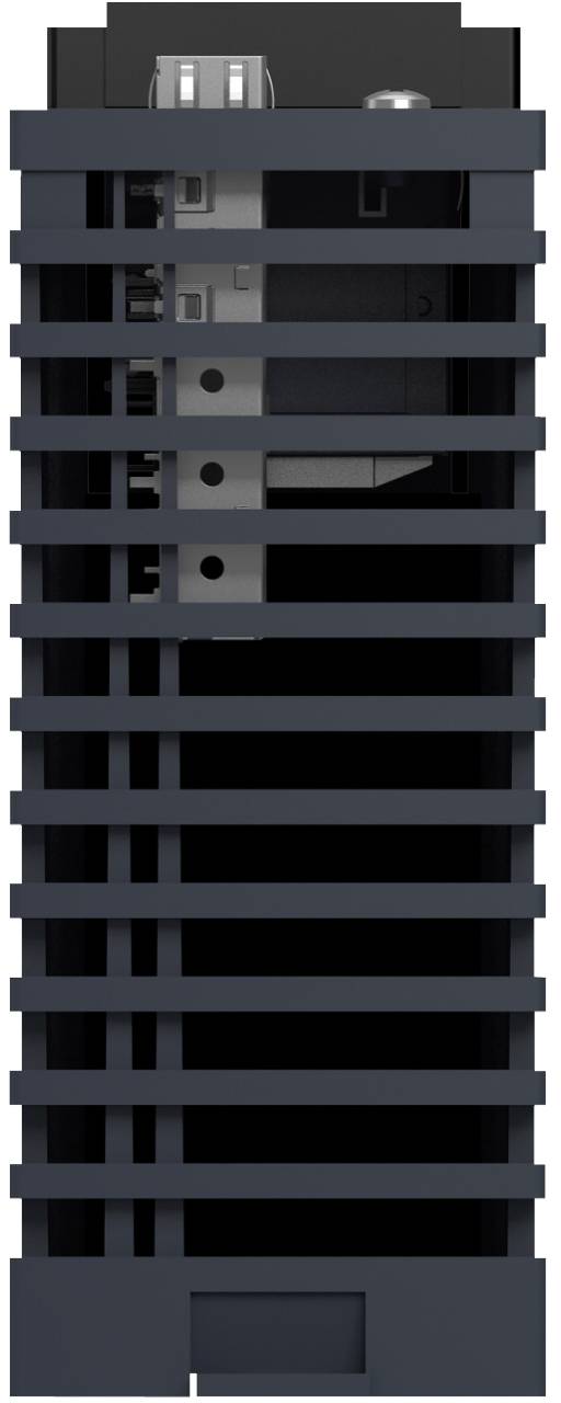 Frontansicht eines dunkelgrauen turm-förmigen Computergehäuses mit horizontalen Frontlüftungsöffnungen und einer zentralen Festplattenschacht-Öffnung.