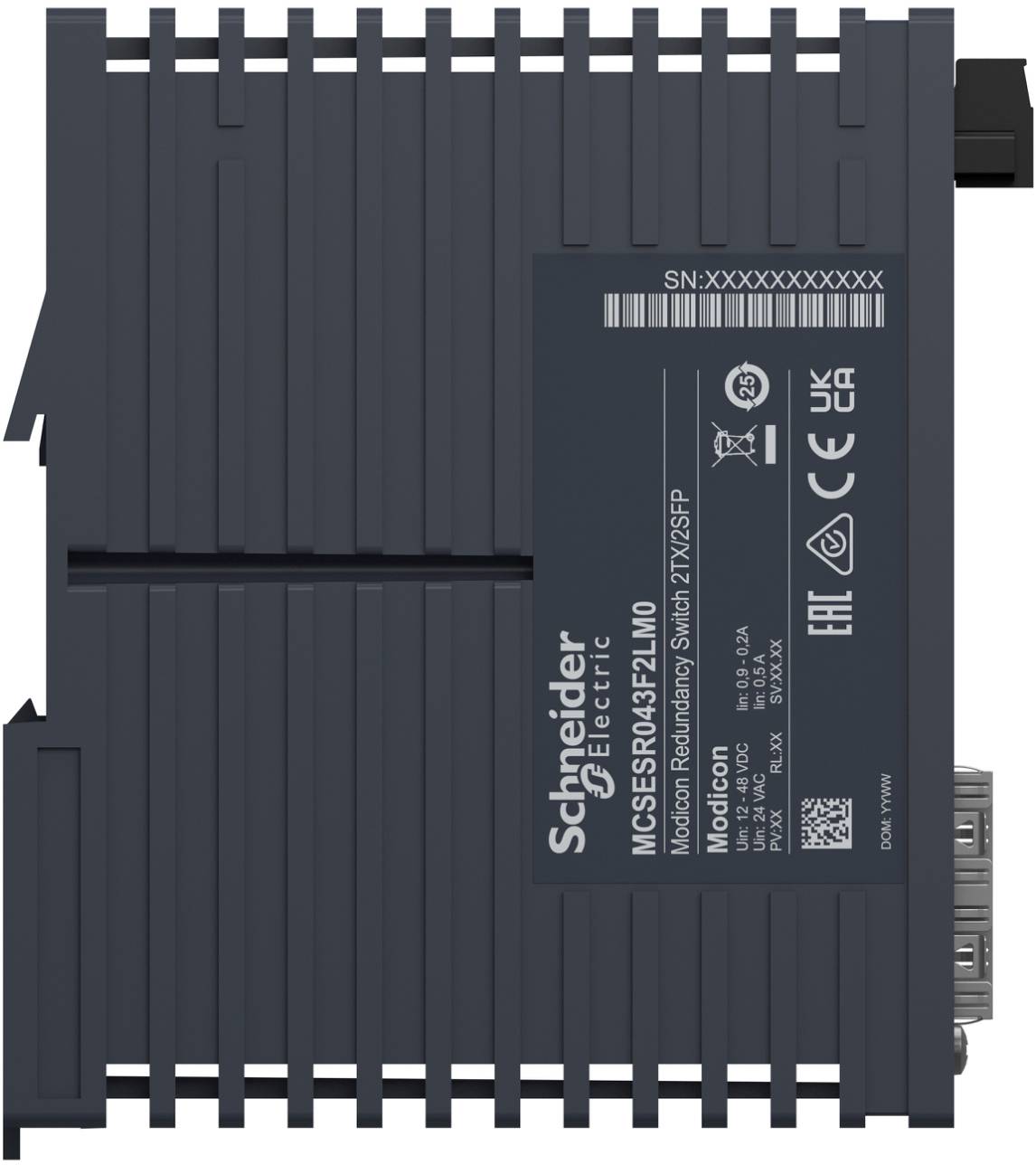 Schneider Electric Modicon M262 Controllermodul mit Teil- und Seriennummernbezeichnungen, Vorderansicht auf einem dunklen Industriegerät gezeigt.
